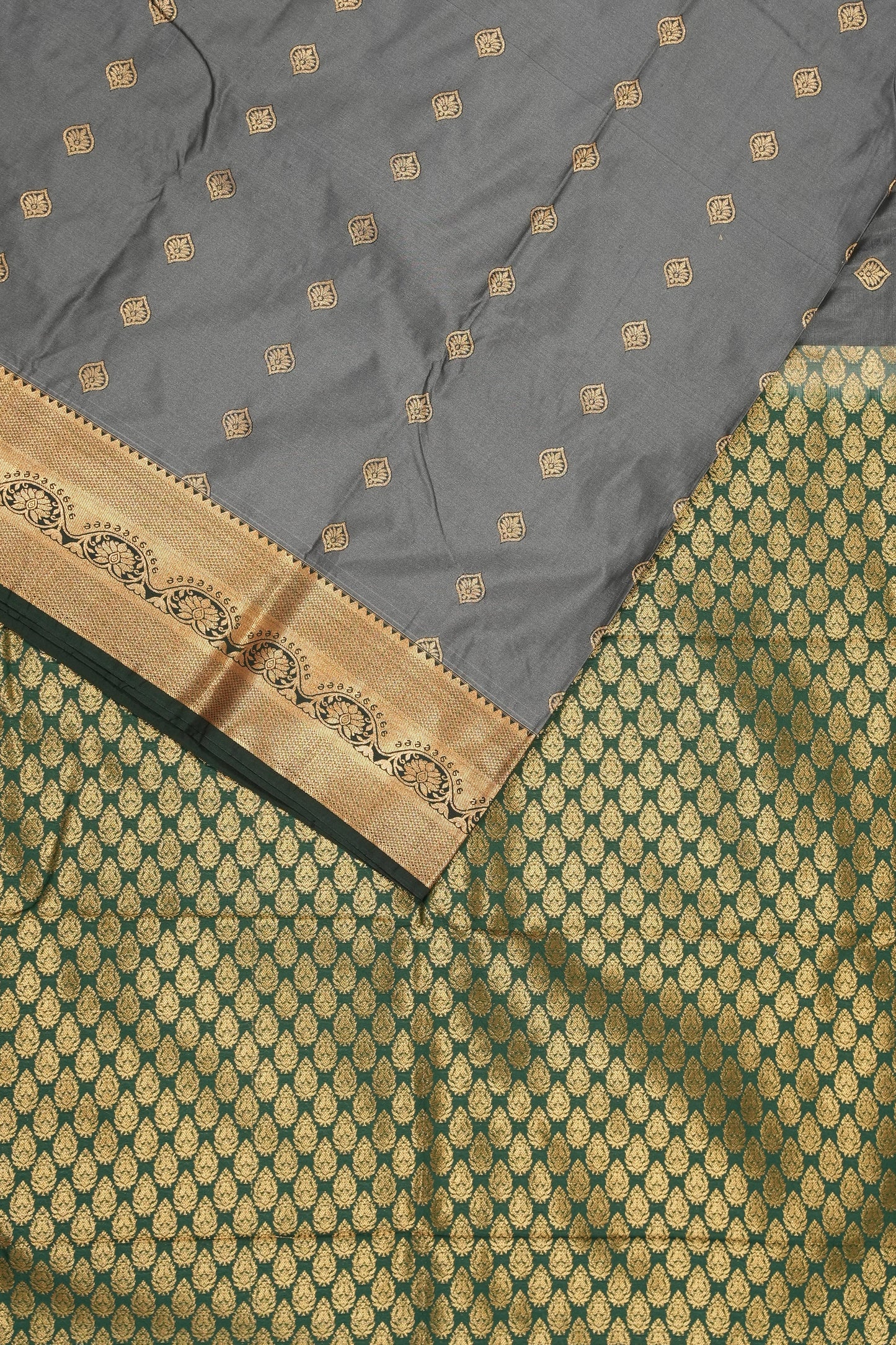 Grey & Dark Green Semi Silk Saree (Ready-To-Ship)