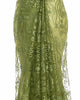 Close up of front pleats on a draped saree. The saree is a nature green transparent saree with floral embroidery in the same colour. Model's matching green saree petticoat is also visible underneath.