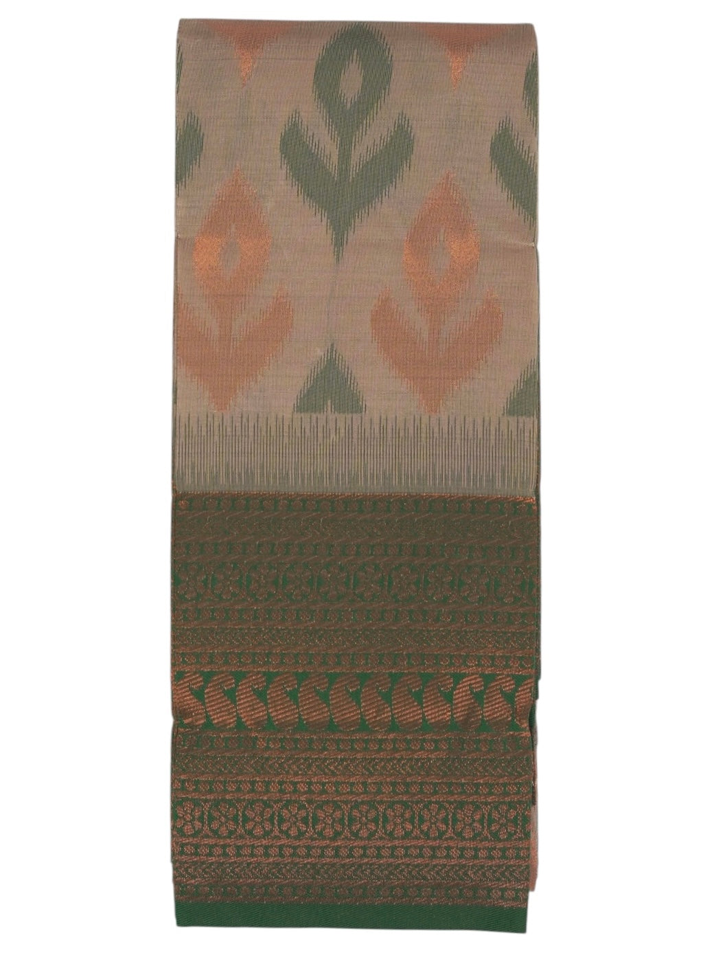 Beige & Green Leaf Kanchi Cotton Saree (Ready-To-Ship)