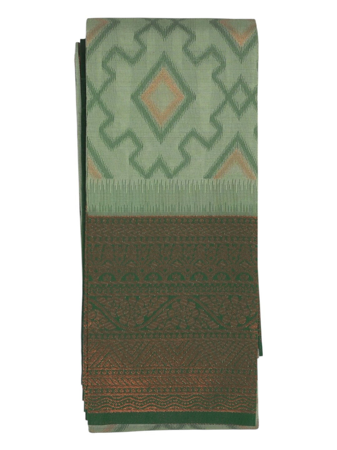 Sage Green & Dark Green Geometric Kanchi Cotton Saree (Ready-To-Ship)